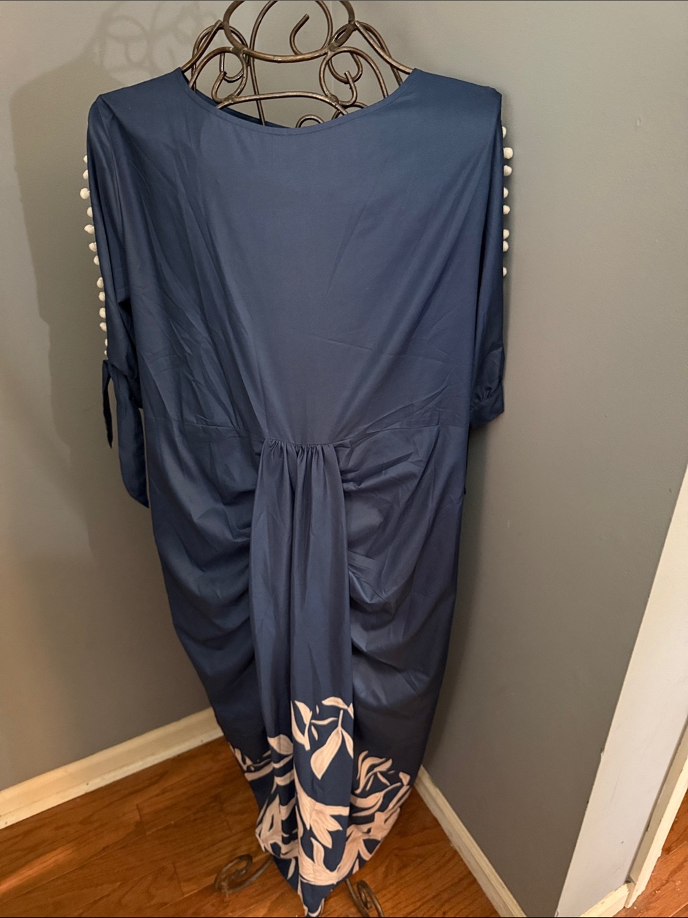 Navy Blue Floral Maxi Dress with Pearl Sleeve Detail